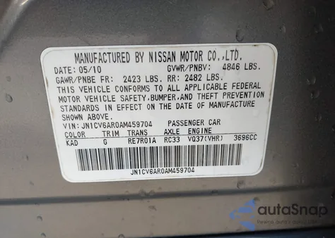 2010 Infiniti G37X z USA, uszkodzony, nr VIN JN1CV6AR0AM459704